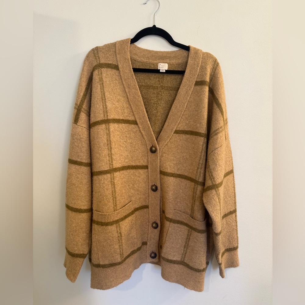 A New Day Cozy Tan and Brown Plaid Knit Cardigan